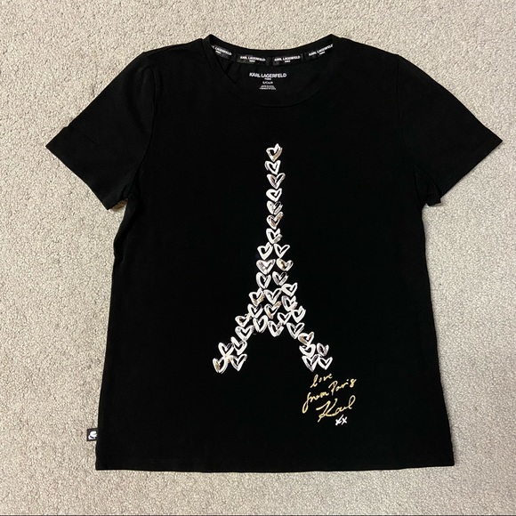 KARL LAGERFELD Heart Eiffel Tower Stretch-Cotton T-Shirt Black Size S - Picture 4 of 10
